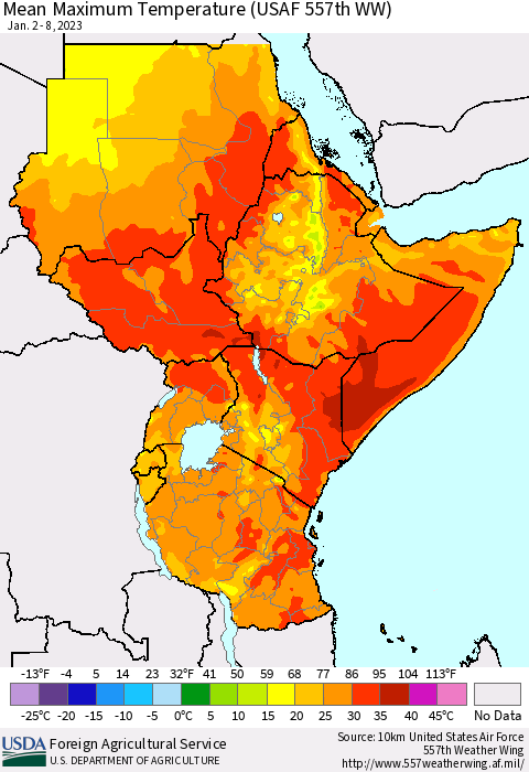 Eastern Africa Mean Maximum Temperature (USAF 557th WW) Thematic Map For 1/2/2023 - 1/8/2023