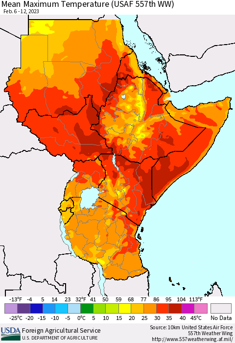 Eastern Africa Mean Maximum Temperature (USAF 557th WW) Thematic Map For 2/6/2023 - 2/12/2023