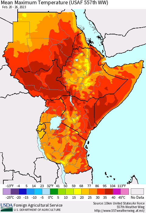 Eastern Africa Mean Maximum Temperature (USAF 557th WW) Thematic Map For 2/20/2023 - 2/26/2023