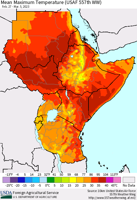 Eastern Africa Mean Maximum Temperature (USAF 557th WW) Thematic Map For 2/27/2023 - 3/5/2023