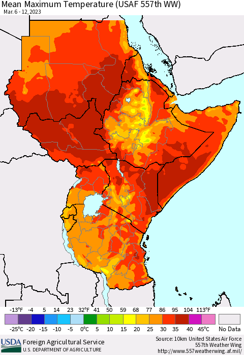 Eastern Africa Mean Maximum Temperature (USAF 557th WW) Thematic Map For 3/6/2023 - 3/12/2023