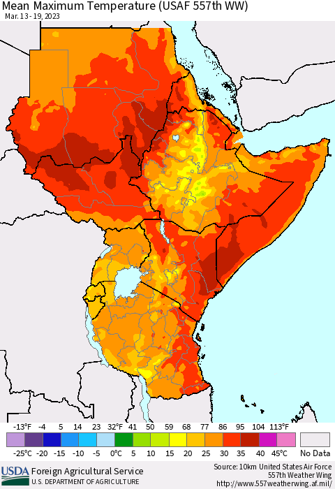 Eastern Africa Mean Maximum Temperature (USAF 557th WW) Thematic Map For 3/13/2023 - 3/19/2023