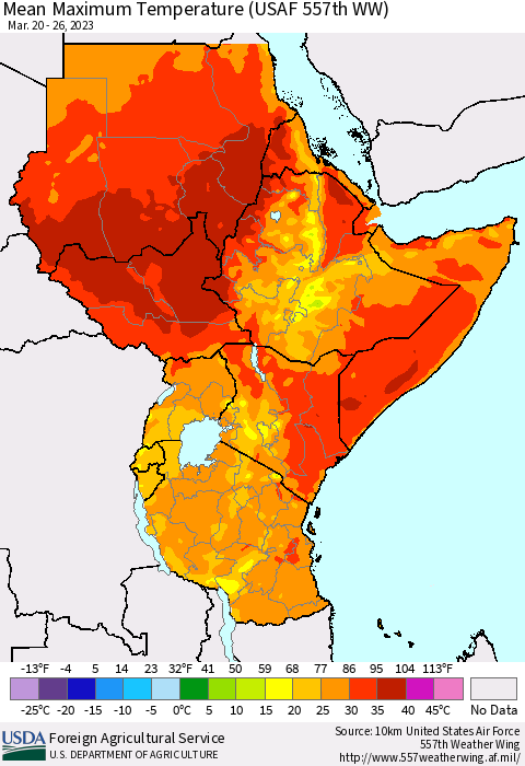Eastern Africa Mean Maximum Temperature (USAF 557th WW) Thematic Map For 3/20/2023 - 3/26/2023