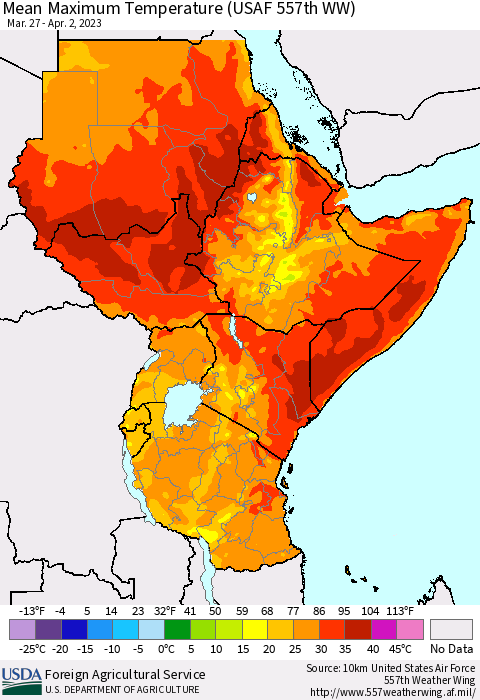 Eastern Africa Mean Maximum Temperature (USAF 557th WW) Thematic Map For 3/27/2023 - 4/2/2023