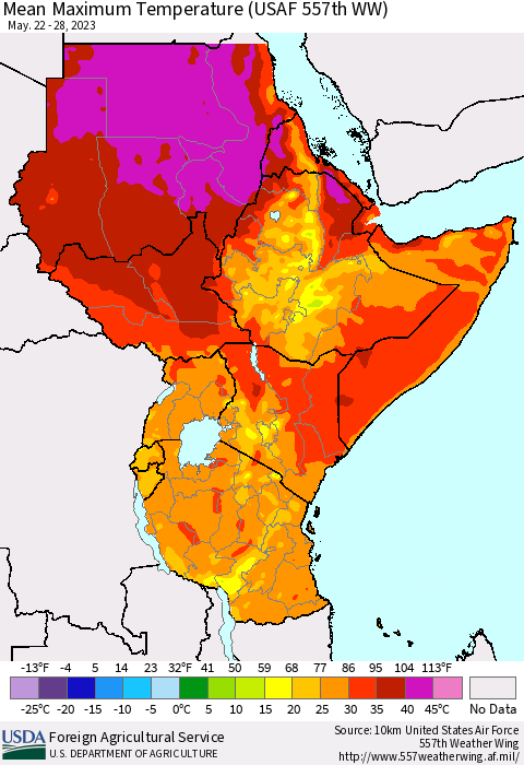 Eastern Africa Mean Maximum Temperature (USAF 557th WW) Thematic Map For 5/22/2023 - 5/28/2023