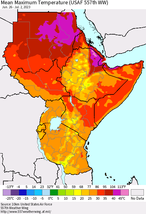 Eastern Africa Mean Maximum Temperature (USAF 557th WW) Thematic Map For 6/26/2023 - 7/2/2023