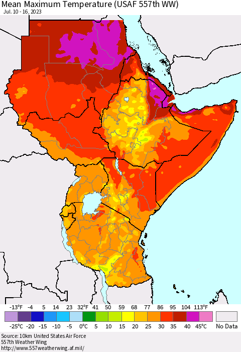 Eastern Africa Mean Maximum Temperature (USAF 557th WW) Thematic Map For 7/10/2023 - 7/16/2023