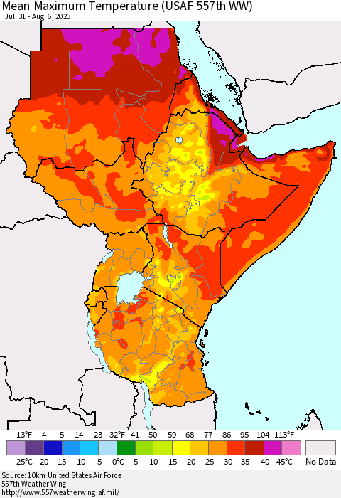 Eastern Africa Mean Maximum Temperature (USAF 557th WW) Thematic Map For 7/31/2023 - 8/6/2023