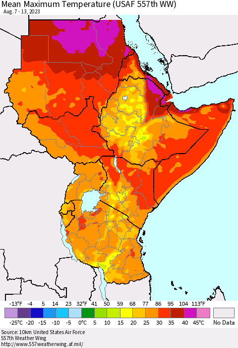 Eastern Africa Mean Maximum Temperature (USAF 557th WW) Thematic Map For 8/7/2023 - 8/13/2023