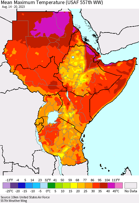 Eastern Africa Mean Maximum Temperature (USAF 557th WW) Thematic Map For 8/14/2023 - 8/20/2023