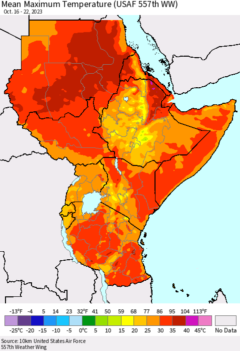 Eastern Africa Mean Maximum Temperature (USAF 557th WW) Thematic Map For 10/16/2023 - 10/22/2023