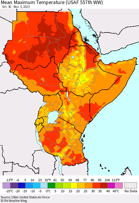 Eastern Africa Mean Maximum Temperature (USAF 557th WW) Thematic Map For 10/30/2023 - 11/5/2023