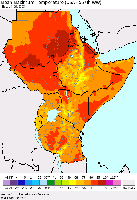 Eastern Africa Mean Maximum Temperature (USAF 557th WW) Thematic Map For 11/13/2023 - 11/19/2023