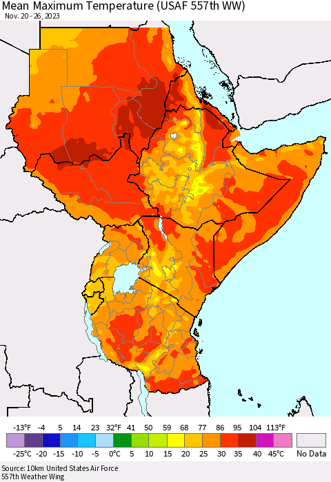 Eastern Africa Mean Maximum Temperature (USAF 557th WW) Thematic Map For 11/20/2023 - 11/26/2023