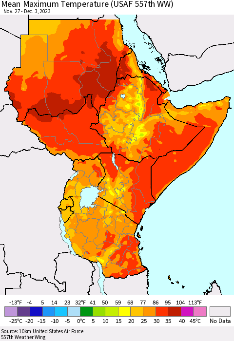 Eastern Africa Mean Maximum Temperature (USAF 557th WW) Thematic Map For 11/27/2023 - 12/3/2023