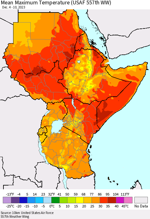 Eastern Africa Mean Maximum Temperature (USAF 557th WW) Thematic Map For 12/4/2023 - 12/10/2023
