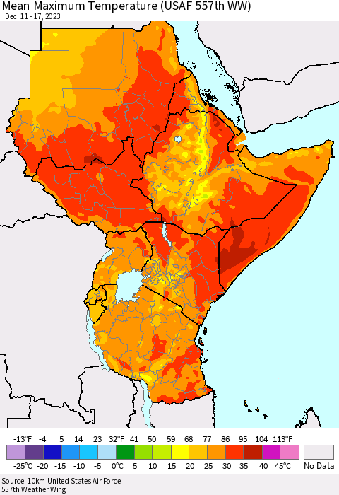 Eastern Africa Mean Maximum Temperature (USAF 557th WW) Thematic Map For 12/11/2023 - 12/17/2023