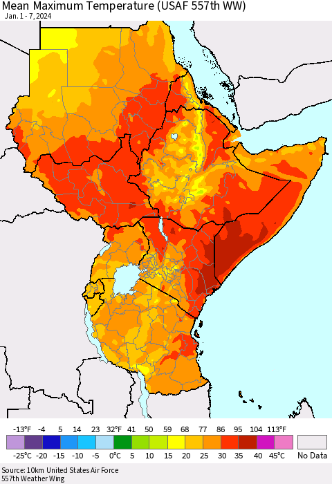 Eastern Africa Mean Maximum Temperature (USAF 557th WW) Thematic Map For 1/1/2024 - 1/7/2024