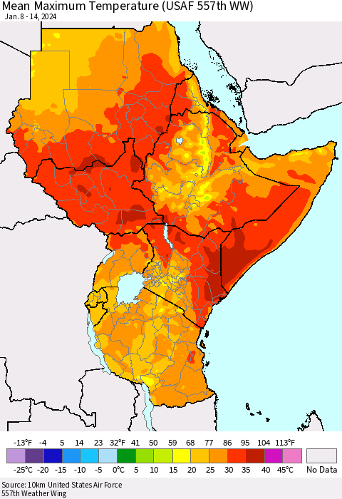 Eastern Africa Mean Maximum Temperature (USAF 557th WW) Thematic Map For 1/8/2024 - 1/14/2024