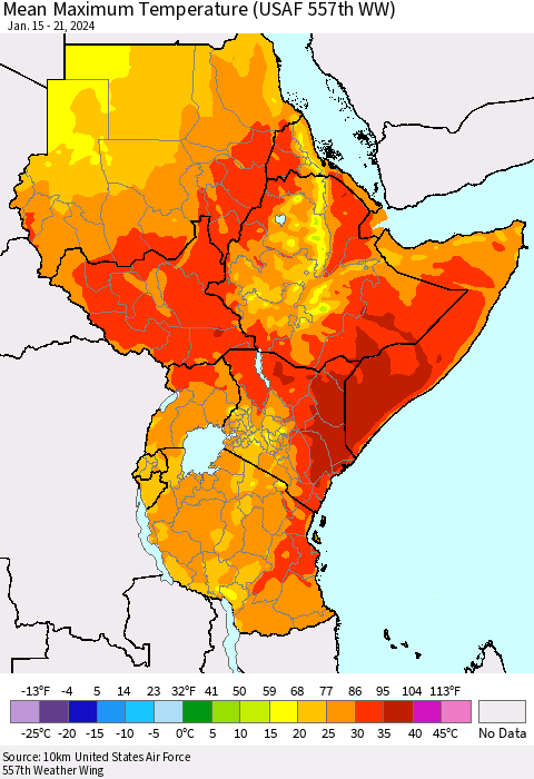 Eastern Africa Mean Maximum Temperature (USAF 557th WW) Thematic Map For 1/15/2024 - 1/21/2024