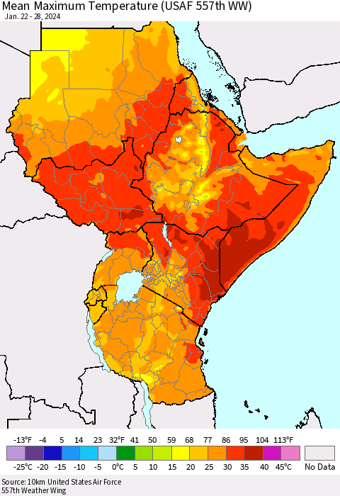 Eastern Africa Mean Maximum Temperature (USAF 557th WW) Thematic Map For 1/22/2024 - 1/28/2024