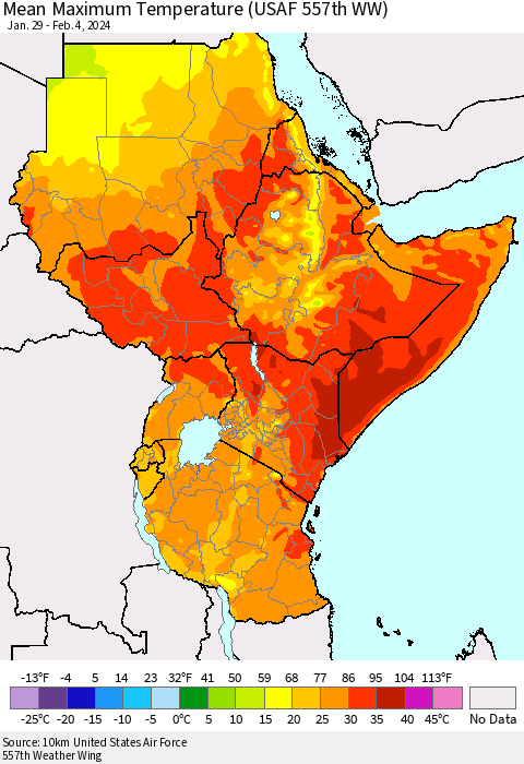 Eastern Africa Mean Maximum Temperature (USAF 557th WW) Thematic Map For 1/29/2024 - 2/4/2024
