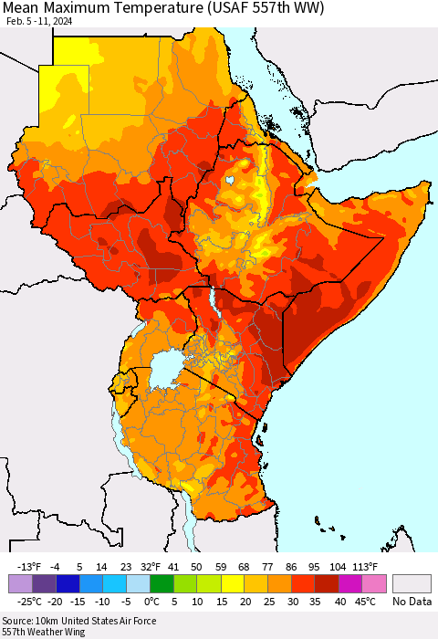 Eastern Africa Mean Maximum Temperature (USAF 557th WW) Thematic Map For 2/5/2024 - 2/11/2024