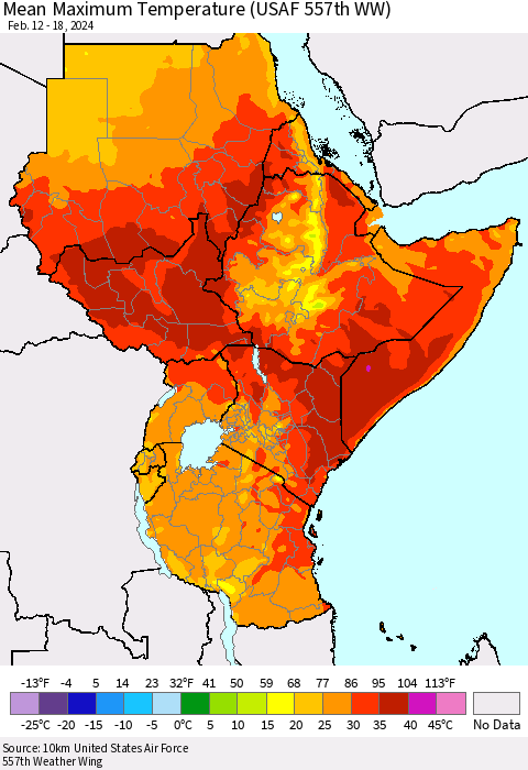 Eastern Africa Mean Maximum Temperature (USAF 557th WW) Thematic Map For 2/12/2024 - 2/18/2024