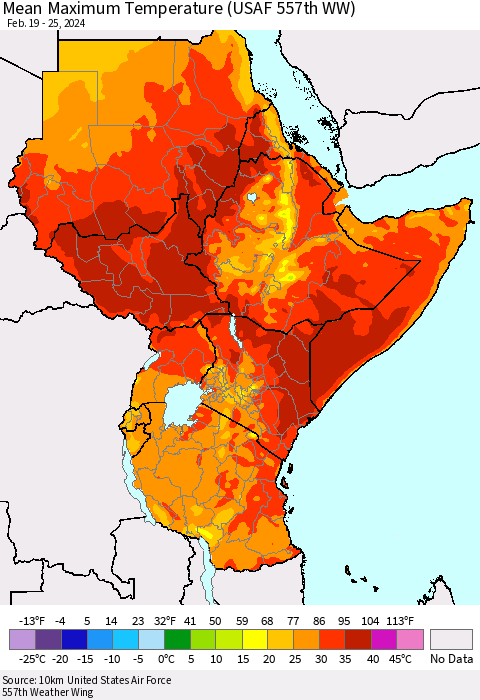 Eastern Africa Mean Maximum Temperature (USAF 557th WW) Thematic Map For 2/19/2024 - 2/25/2024