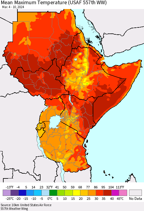 Eastern Africa Mean Maximum Temperature (USAF 557th WW) Thematic Map For 3/4/2024 - 3/10/2024