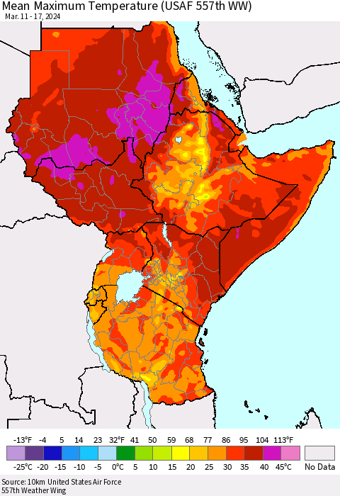 Eastern Africa Mean Maximum Temperature (USAF 557th WW) Thematic Map For 3/11/2024 - 3/17/2024