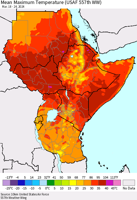 Eastern Africa Mean Maximum Temperature (USAF 557th WW) Thematic Map For 3/18/2024 - 3/24/2024