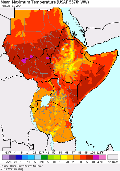 Eastern Africa Mean Maximum Temperature (USAF 557th WW) Thematic Map For 3/25/2024 - 3/31/2024