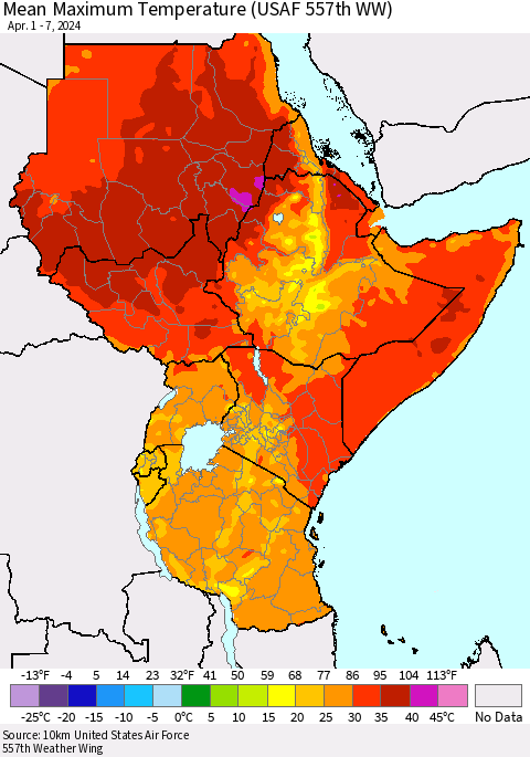 Eastern Africa Mean Maximum Temperature (USAF 557th WW) Thematic Map For 4/1/2024 - 4/7/2024