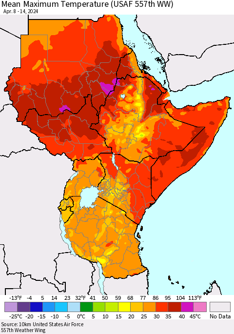 Eastern Africa Mean Maximum Temperature (USAF 557th WW) Thematic Map For 4/8/2024 - 4/14/2024