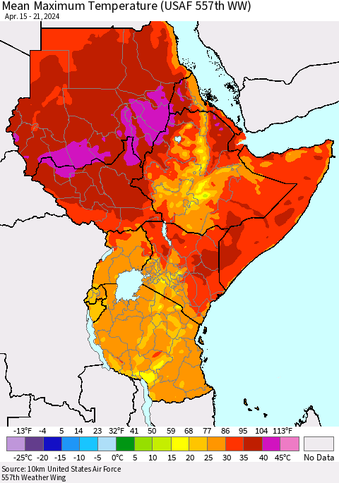 Eastern Africa Mean Maximum Temperature (USAF 557th WW) Thematic Map For 4/15/2024 - 4/21/2024