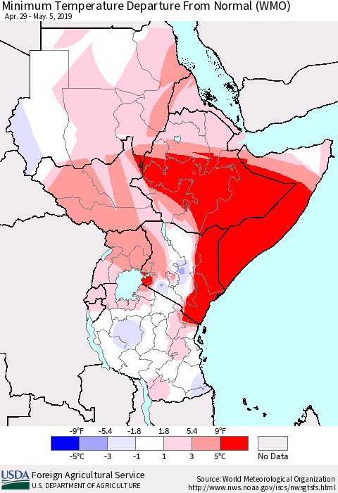 Eastern Africa Mean Minimum Temperature Departure from Normal (WMO) Thematic Map For 4/29/2019 - 5/5/2019