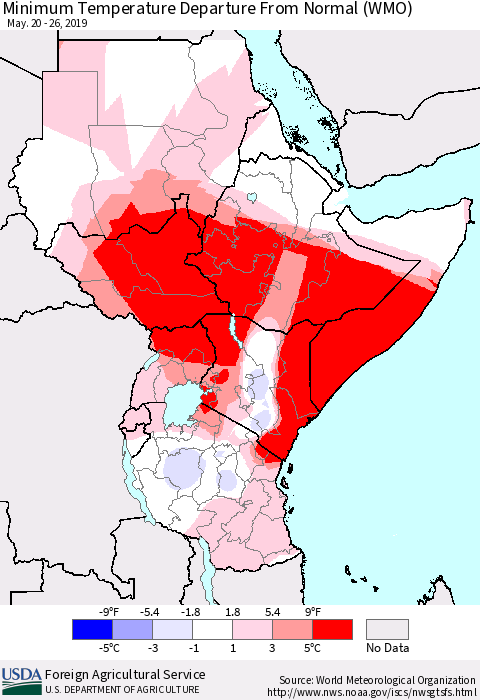 Eastern Africa Mean Minimum Temperature Departure from Normal (WMO) Thematic Map For 5/20/2019 - 5/26/2019
