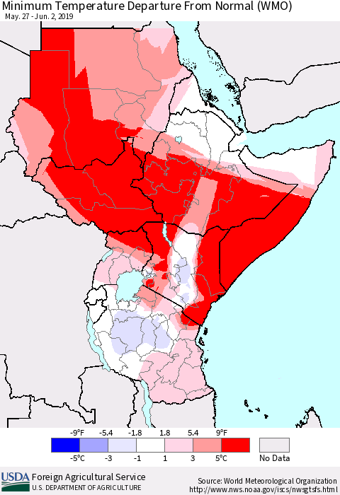 Eastern Africa Mean Minimum Temperature Departure from Normal (WMO) Thematic Map For 5/27/2019 - 6/2/2019