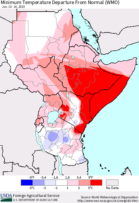 Eastern Africa Mean Minimum Temperature Departure from Normal (WMO) Thematic Map For 6/10/2019 - 6/16/2019