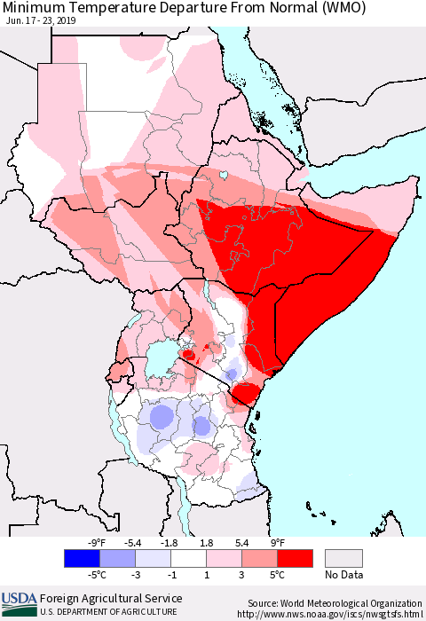 Eastern Africa Mean Minimum Temperature Departure from Normal (WMO) Thematic Map For 6/17/2019 - 6/23/2019