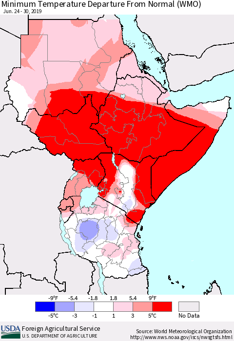 Eastern Africa Mean Minimum Temperature Departure from Normal (WMO) Thematic Map For 6/24/2019 - 6/30/2019