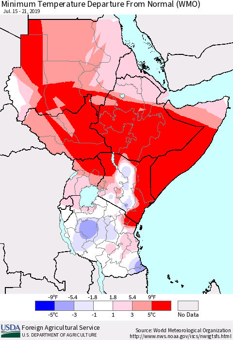 Eastern Africa Mean Minimum Temperature Departure from Normal (WMO) Thematic Map For 7/15/2019 - 7/21/2019
