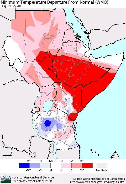 Eastern Africa Mean Minimum Temperature Departure from Normal (WMO) Thematic Map For 8/19/2019 - 8/25/2019