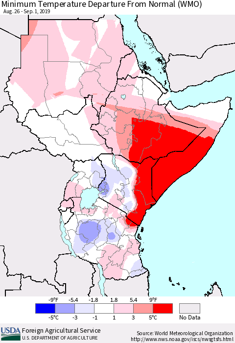 Eastern Africa Mean Minimum Temperature Departure from Normal (WMO) Thematic Map For 8/26/2019 - 9/1/2019