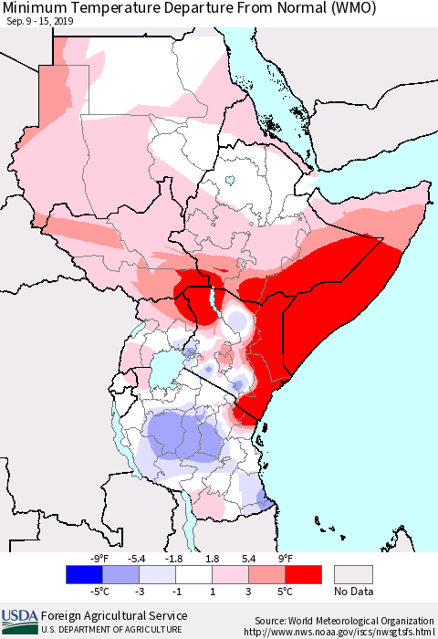 Eastern Africa Mean Minimum Temperature Departure from Normal (WMO) Thematic Map For 9/9/2019 - 9/15/2019