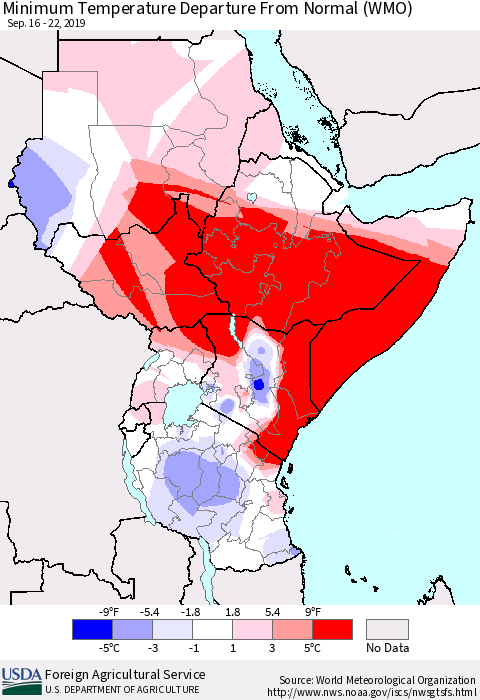 Eastern Africa Mean Minimum Temperature Departure from Normal (WMO) Thematic Map For 9/16/2019 - 9/22/2019