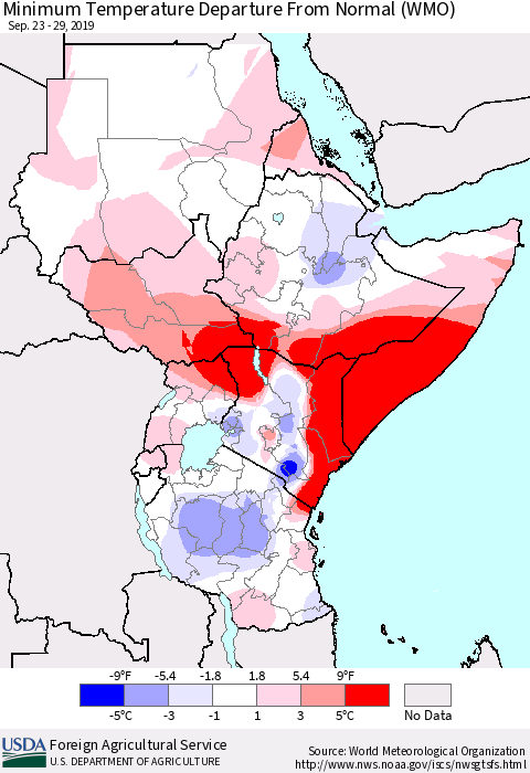 Eastern Africa Mean Minimum Temperature Departure from Normal (WMO) Thematic Map For 9/23/2019 - 9/29/2019