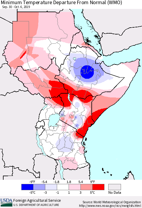 Eastern Africa Mean Minimum Temperature Departure from Normal (WMO) Thematic Map For 9/30/2019 - 10/6/2019