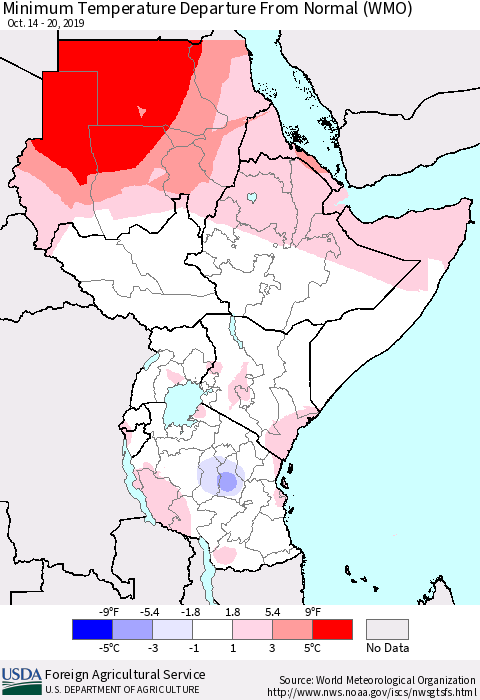 Eastern Africa Mean Minimum Temperature Departure from Normal (WMO) Thematic Map For 10/14/2019 - 10/20/2019